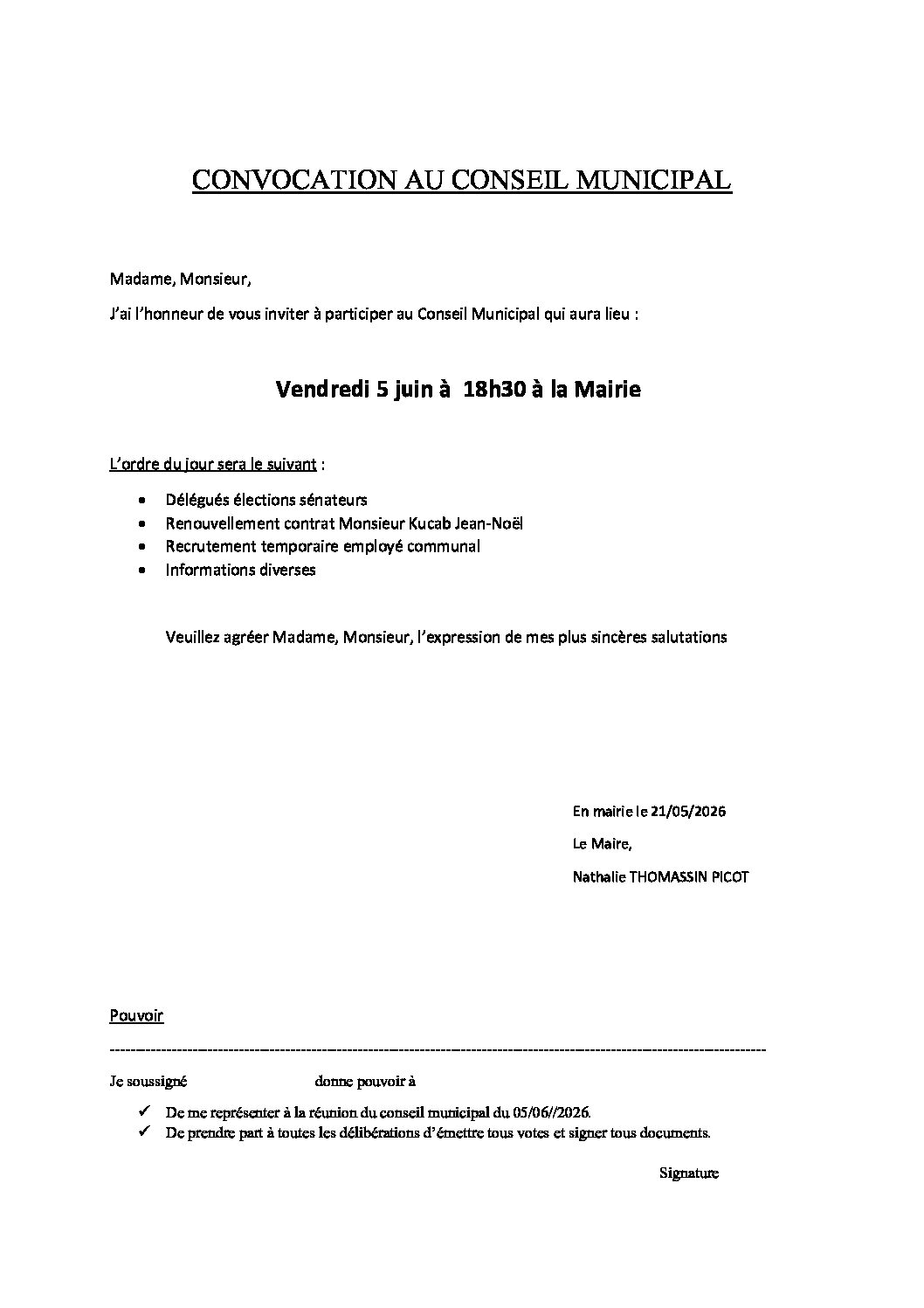 Convocation conseil municipal du 5 juin 2026